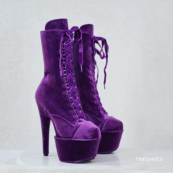 1020 Purple Velvet 7" High Heel Platform Ankle Boots With Boot Protectors - Picture 6 of 8